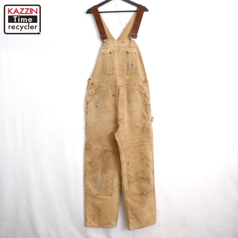 【中古】00s カーハート Carhartt BRN 裏地なし ダブルニー ダック オーバーオール 古着 メンズ S~Mサイズ相当 ベージュ