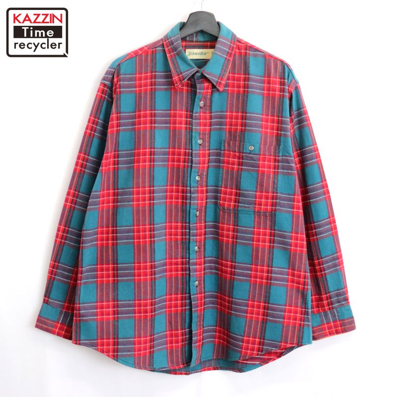 【中古】80s USA製 ヴィンテージ セントジョンズベイ STJOHN'SBAY チェック柄 ネル 長袖シャツ 古着 メンズ 表記Lサイズ レッド・ターコイズブルー