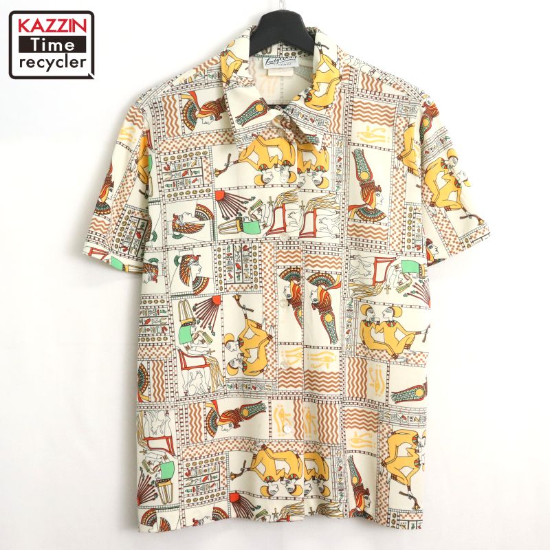 【中古】80s ヴィンテージ 総柄 ポリエステル 半袖シャツ 古着 レディース Lサイズ相当 マルチカラー