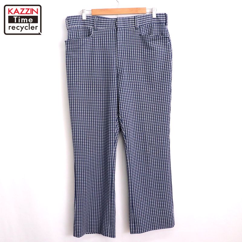 Rakuten - 【中古】70s ヴィンテージ ギンガムチェック柄 ポリエステル フレア スラックスパンツ 古着 メンズ Lサイズ相当 ネイビー