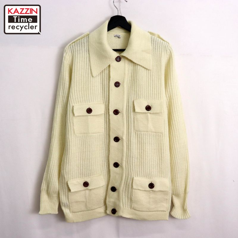 【中古】70s ヴィンテージ アクリル ニットカーディガン 古着 メンズ Mサイズ相当 アイボリー