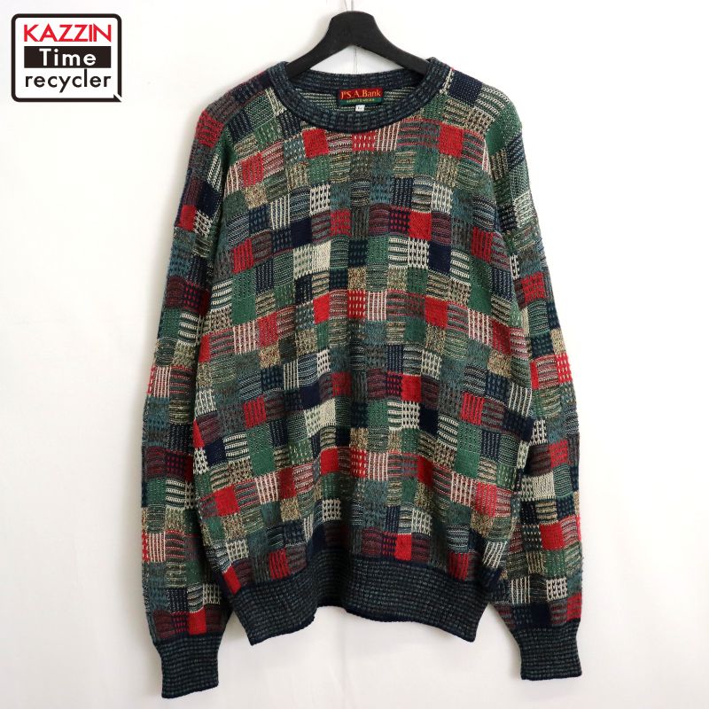 【中古】90s USA製 ヴィンテージ JOS.A.Bank SPORTSWEAR チェック柄 ニットセーター 古着 メンズ 表記Lサイズ マルチカラー