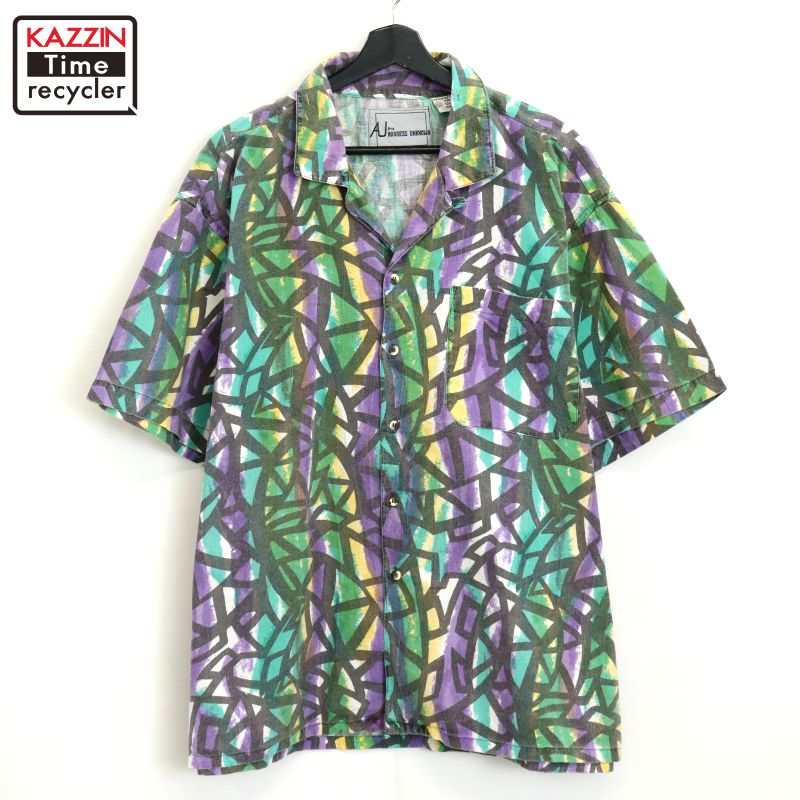 【中古】80s ヴィンテージ 総柄 オープンカラー コットン 半袖シャツ 古着 メンズ 表記XLサイズ マルチカラー