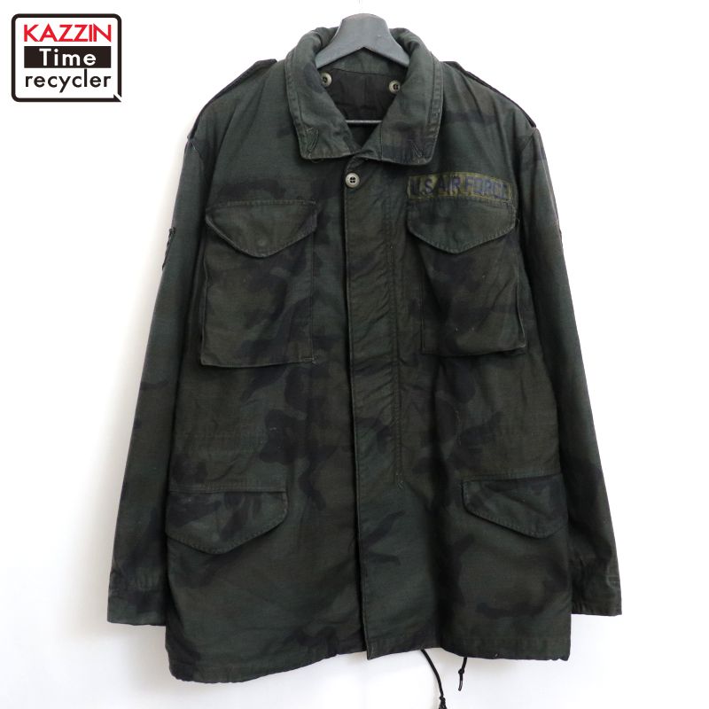 【中古】80s USA製 ヴィンテージ U.S.AIR FORCE ウッドランドカモ M-65 後染め ミリタリージャケット 古着 メンズ Lサイズ相当 ブラック
