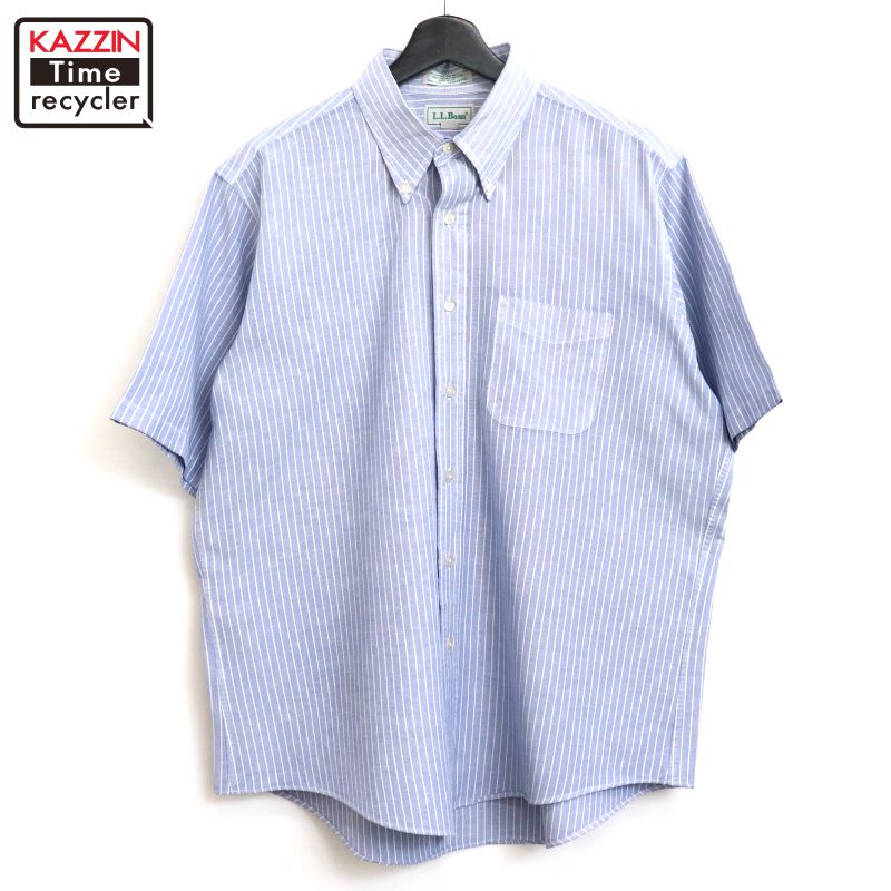 P10倍! 【中古】90s USA製 ヴィンテージ エルエルビーン L.L.Bean ストライプ柄 ボタンダウン 半袖シャツ 古着 メンズ XLサイズ相当 ビ..