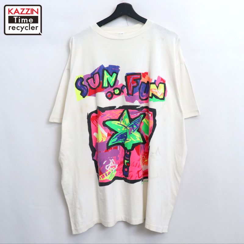 P10倍! 【中古】90s ヴィンテージ アート プリント 半袖Tシャツ 古着 メンズ 表記XXLサイズ ホワイト