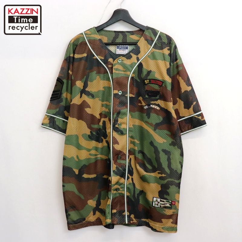 楽天Vintage古着屋 KAZZINTimerecyclerP10倍! 【中古】DEADSTOCK 90s ヴィンテージ FOXSPORT 迷彩柄 メッシュ ベースボールシャツ 古着 メンズ 表記Lサイズ マルチカラー