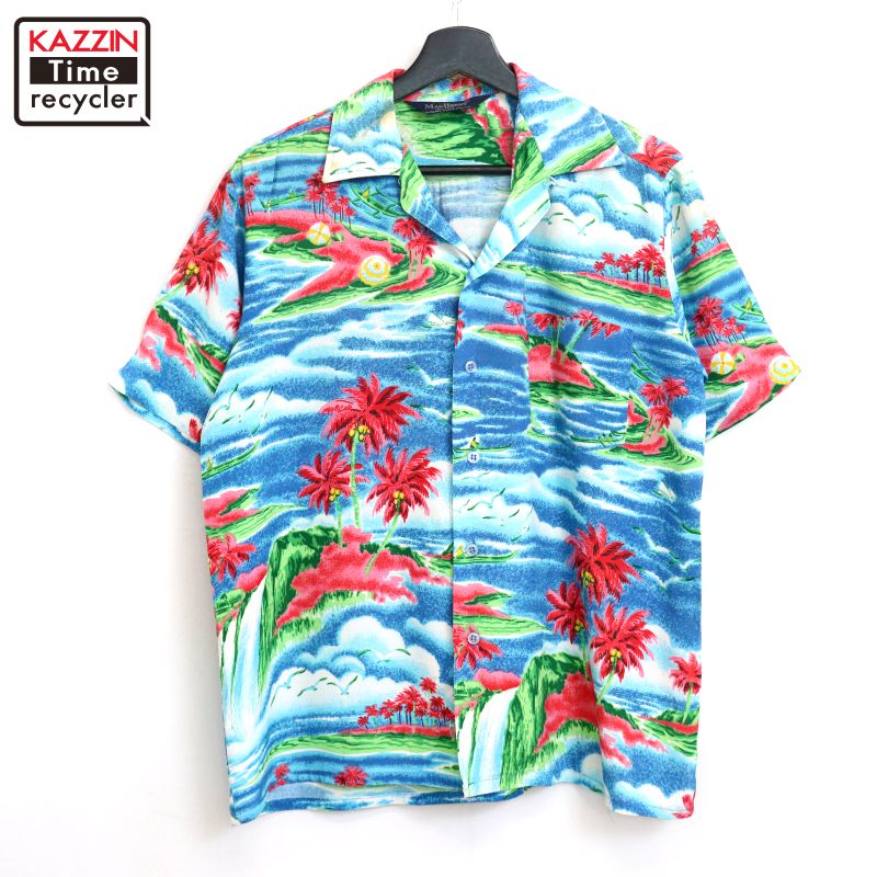 【250818】70年代 ヴィンテージ vintage ハワイアンシャツ ブルー 中古品 USED #L アメカジ