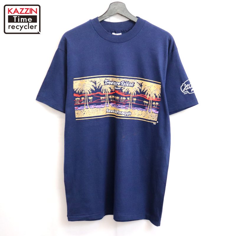 乐天商城 - 【中古】80s USA製 ヴィンテージ Hanes 袖プリント スーベニア 半袖Tシャツ 古着 メンズ 表記Lサイズ ネイビー