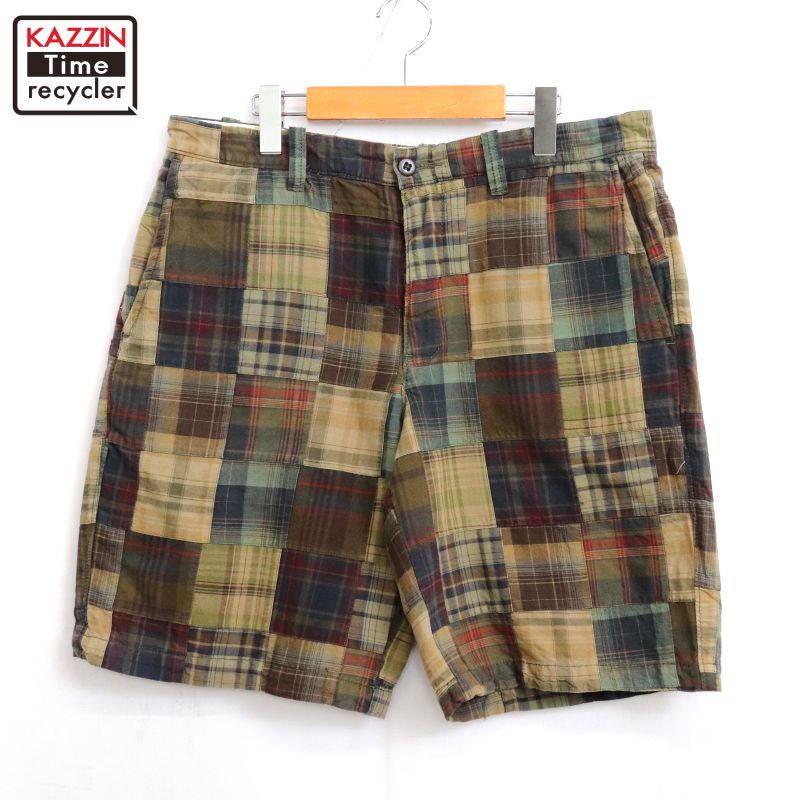 楽天Vintage古着屋 KAZZINTimerecycler【中古】00s エディー・バウアー Eddie Bauer チェック柄 パッチワーク ショートパンツ 古着 メンズ Lサイズ相当 カーキ