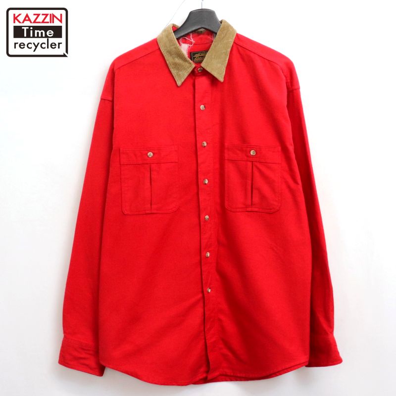 楽天Vintage古着屋 KAZZINTimerecycler【中古】80s ヴィンテージ エディー・バウアー Eddie Bauer 襟コーデュロイ シャモアクロス 長袖シャツ 古着 メンズ XLサイズ相当 ビッグサイズ オーバーサイズ レッド