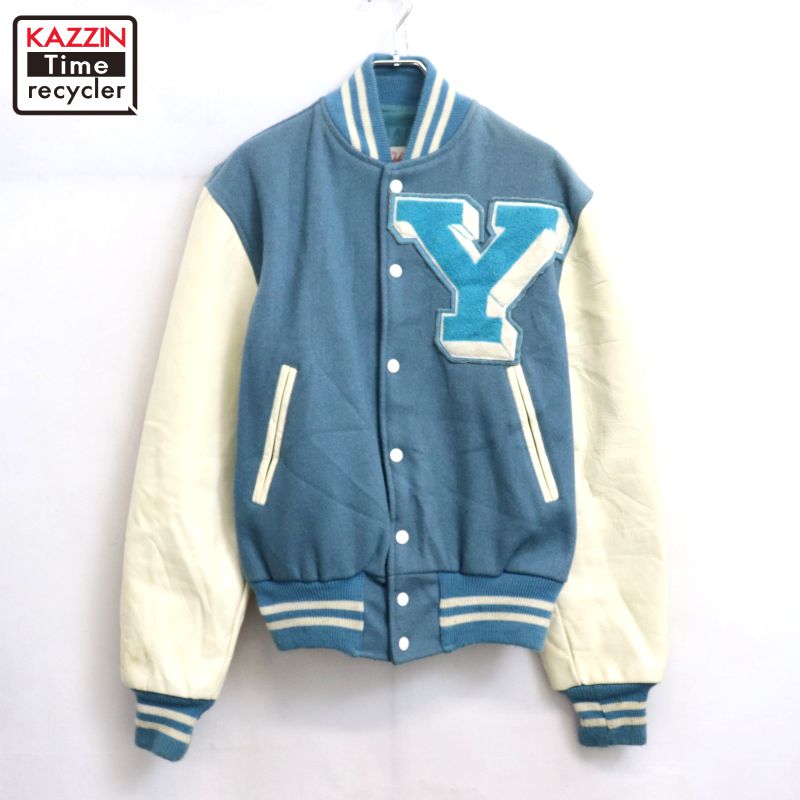 【中古】70s USA製 ヴィンテージ Hatchers レザー切り替え スタジャン 古着 メンズ 表記Mサイズ ライトブルー・ホワイト