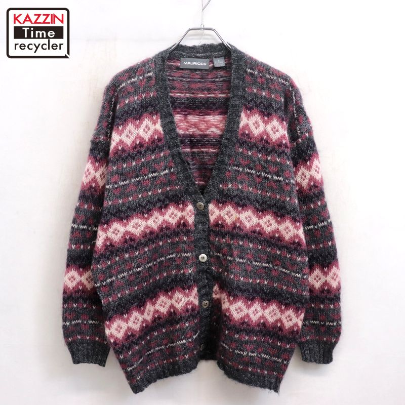 【中古】90s ヴィンテージ 総柄 ニットカーディガン 古着 レディース 表記Lサイズ マルチカラー