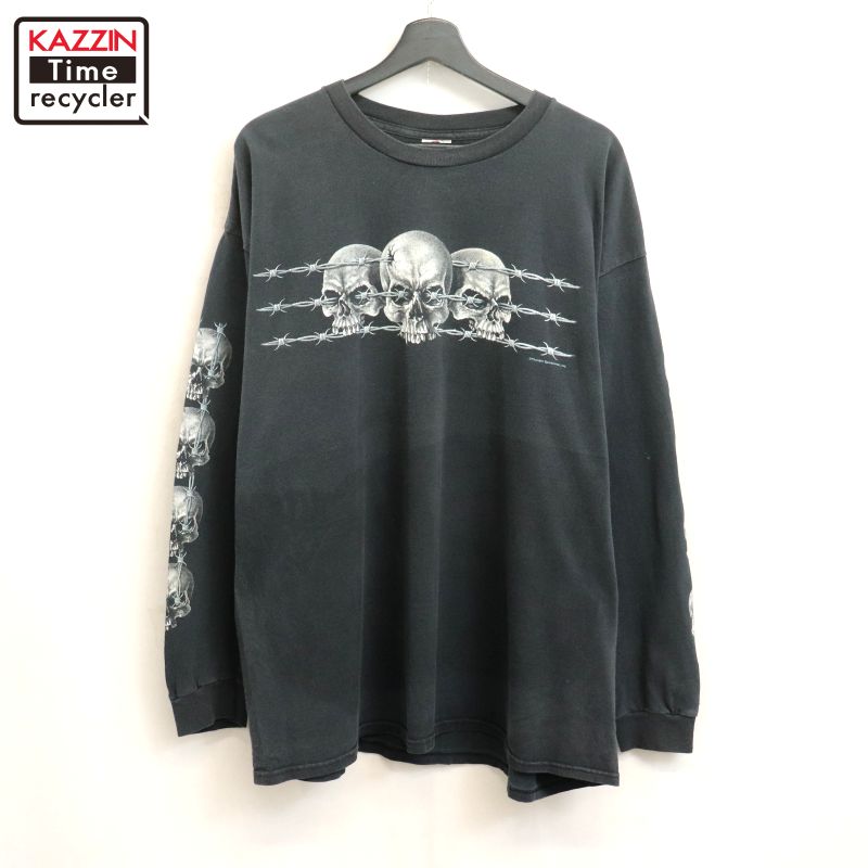 【中古】00s DELTA スカル 有刺鉄線 袖プリ 長袖Tシャツ 古着 メンズ 表記XXLサイズ ブラック