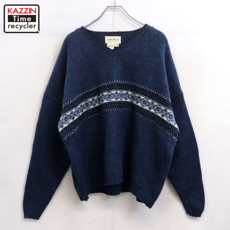 楽天Vintage古着屋 KAZZINTimerecycler【中古】90s USA製 ヴィンテージ エディー・バウアー Eddie Bauer Vネック フェアアイル バースアイ ウール ニットセーター 古着 レディース 表記XLサイズ ネイビー