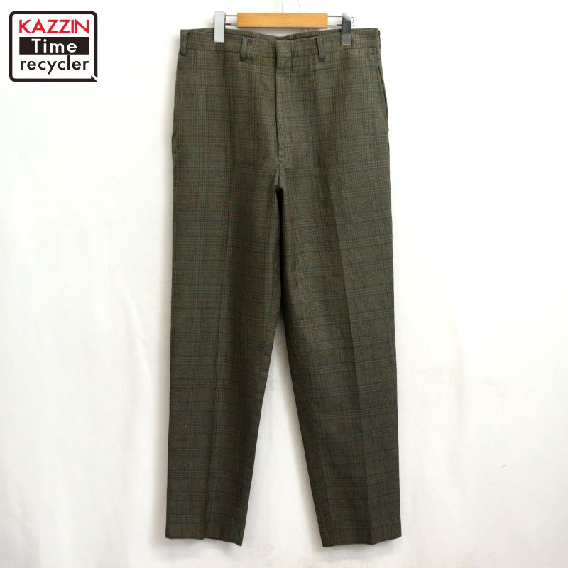 【中古】70s ヴィンテージ チェック柄 スラックスパンツ 古着 メンズ Mサイズ相当 グリーン