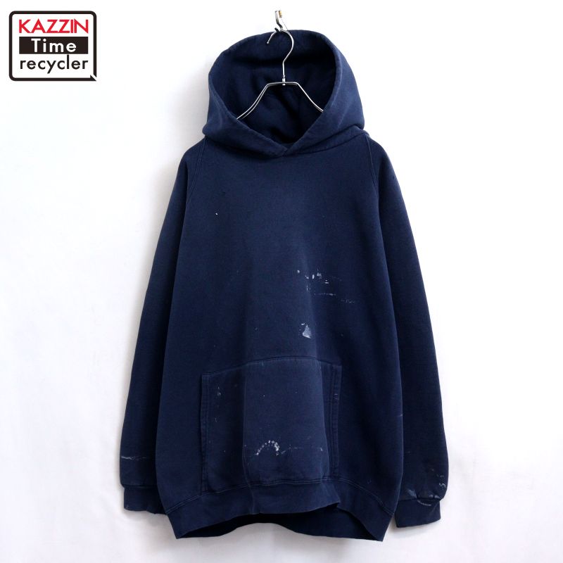 【中古】90s USA製 ヴィンテージ アディダス adidas ペンキ スウェット パーカー 古着 メンズ 表記XLサイズ ネイビー