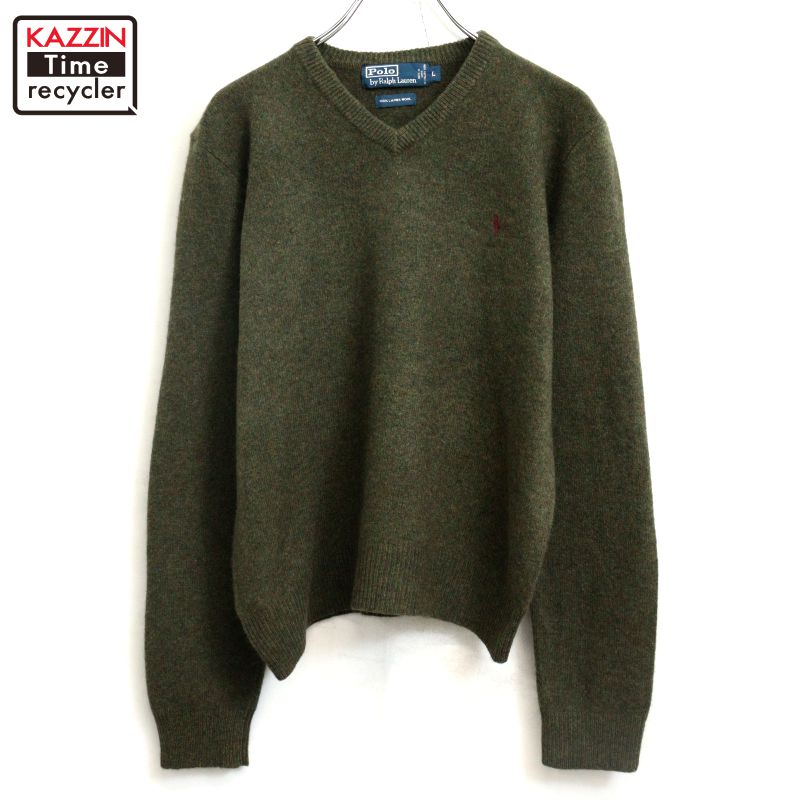 【中古】90s ヴィンテージ ラルフローレン RALPH LAUREN Vネック ラムウール ニットセーター 古着 メンズ 表記Lサイズ グリーン