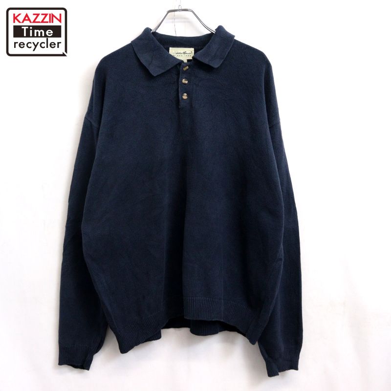 【中古】90s USA製 ヴィンテージ エディー・バウアー Eddie Bauer コットン ニットポロシャツ 古着 メンズ 表記XLサイズ ネイビー