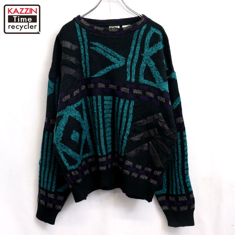 【中古】80s ヴィンテージ 総柄 レザー切り替え ニットセーター 古着 メンズ 表記XLサイズ マルチカラー