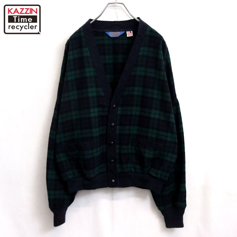 【中古】80s USA製 ヴィンテージ ペンドルトン PENDLETON ブラックウォッチ ウール カーディガン 古着 メンズ 表記Lサイズ ブラック・グリーン