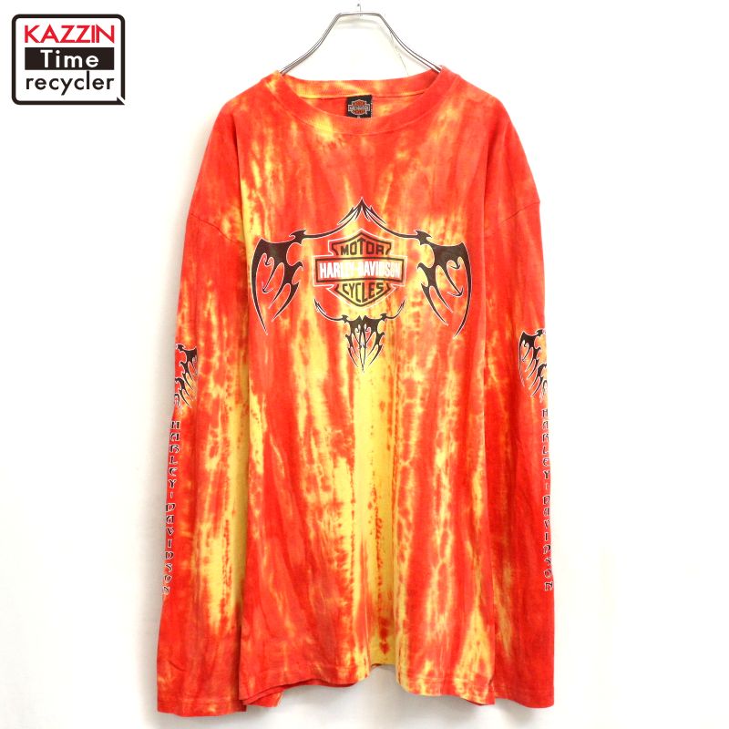 【中古】00s ハーレーダビッドソン HARLEY DAVIDSON タイダイ柄 袖プリント 長袖Tシャツ 古着 メンズ 表記XLサイズ オレンジ・イエロー
