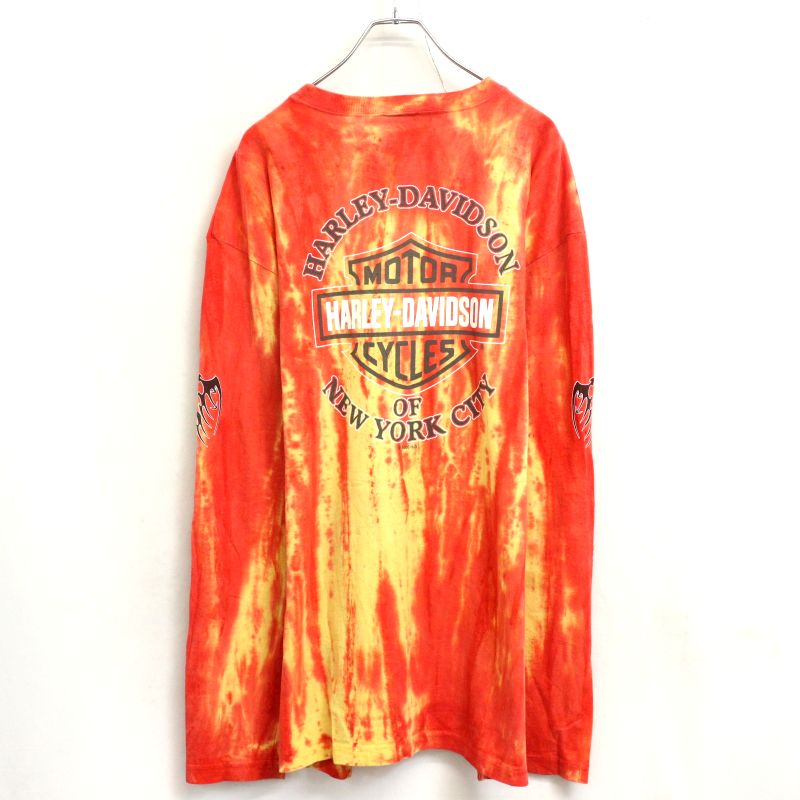 [usado] 00s Harley Davidson tie-dye manga estampado manga larga camiseta ropa vieja letrero de hombre talla XL naranja y amarillo — vista 2