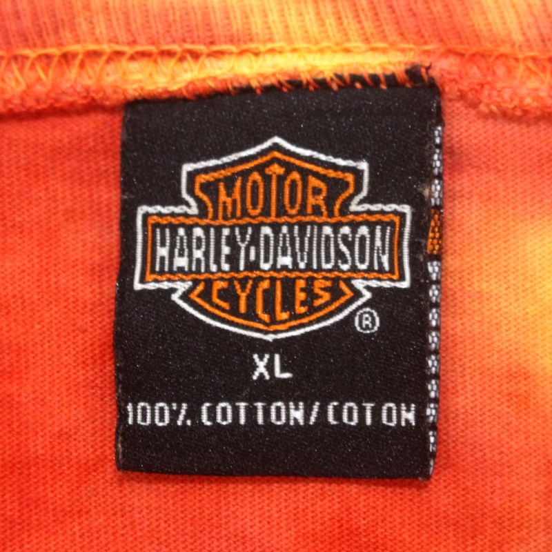 [usado] 00s Harley Davidson tie-dye manga estampado manga larga camiseta ropa vieja letrero de hombre talla XL naranja y amarillo — vista 3