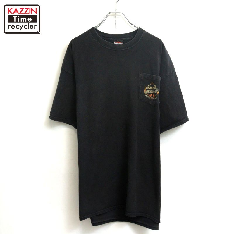 乐天商城 - 【中古】00s ハーレーダビッドソン HARLEY DAVIDSON 胸ポケット付き 半袖Tシャツ 古着 メンズ XLサイズ相当 ビッグサイズ オーバーサイズ ブラック