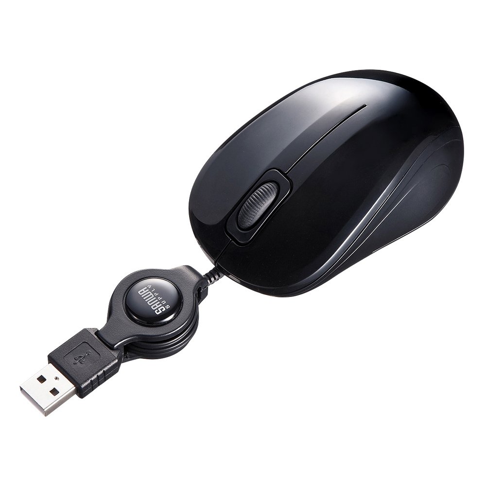 【色】:ブラック 【インターフェース】:USB HID仕様バージョン1.1準拠 【分解能】:1000count/inch 【ボタン】:2ボタン、ホイール(スクロール)ボタン 【ケーブル長】:0~0.7m(巻取り耐久性2000回) 【サイズ・重量】:W57×D95×H39mm・58g