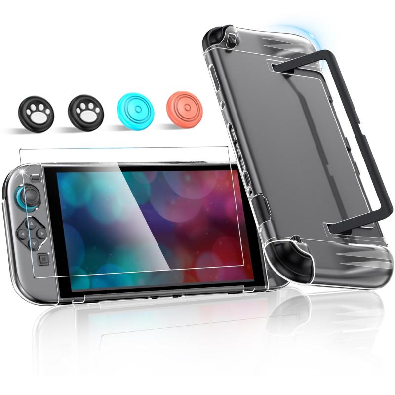 Switch 2 クリアケース ドック対応 アップグレード版 Vipfox スイッチ2 保護カバー 分体式設計 PCカバー+ガラスフィルム+スティックキャップ4枚 黄変防止/耐衝撃/傷つけ防止/着脱簡単/軽量/滑り