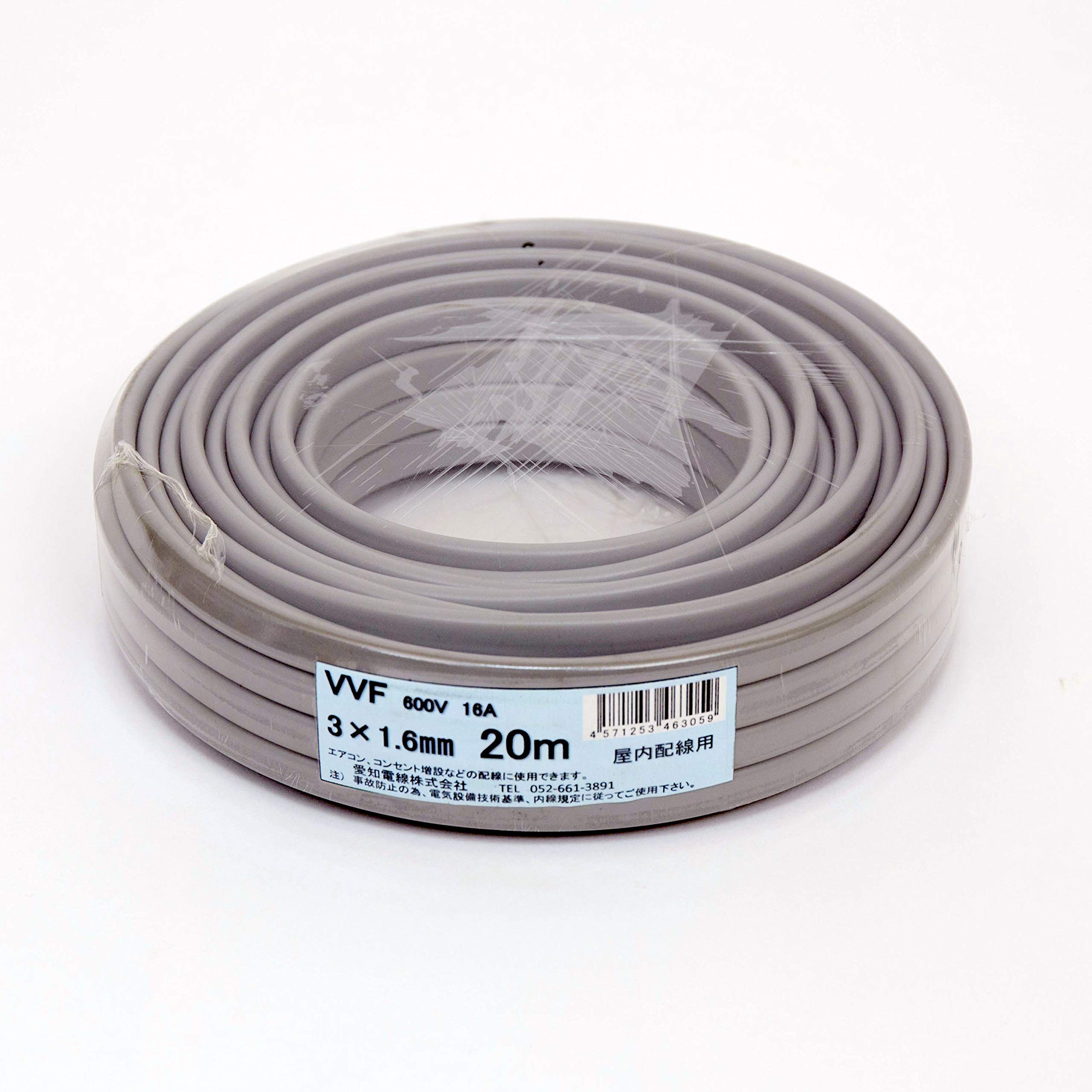 ・定格電圧:600V ・線心数:3 ・導体径:1.6mm ・長さ:20m ・絶縁体厚さ:0.8mm ・シース厚さ:1.5mm ・仕上外径:6.2×13.0mm ・導体抵抗(20℃):8.92Ω/km ・絶縁抵抗:50MΩ・km ・許容電流:16A ・概算質量:135kg/km ・ビニール絶縁体色:黒・白・赤