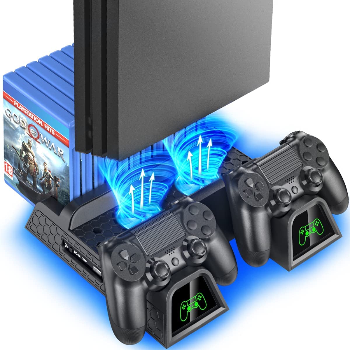 PS4 スタンド 冷却ファン付き 縦置きスタンド PS4 Pro Slim 対応 2台コントローラー同時充電器 ソフト収納 LED指示ランプ 冷却ファン 2基搭載 急速充電 ゲーム機本体 冷却台 縦置きスタンド 収納