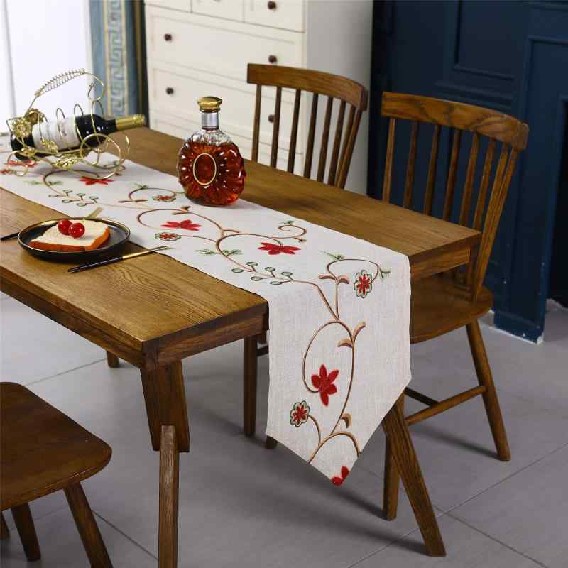 リネンテーブルランナー布フラワーリーフ刺繍植物模様ダイニングテーブルコーヒーテーブルリビングルーム装飾コットン農家風ナチュラルサイズとカラー：自分の場合によって選んでください。両側に約10センチをを垂れたほうがいい。用途：これはダイニングテ...