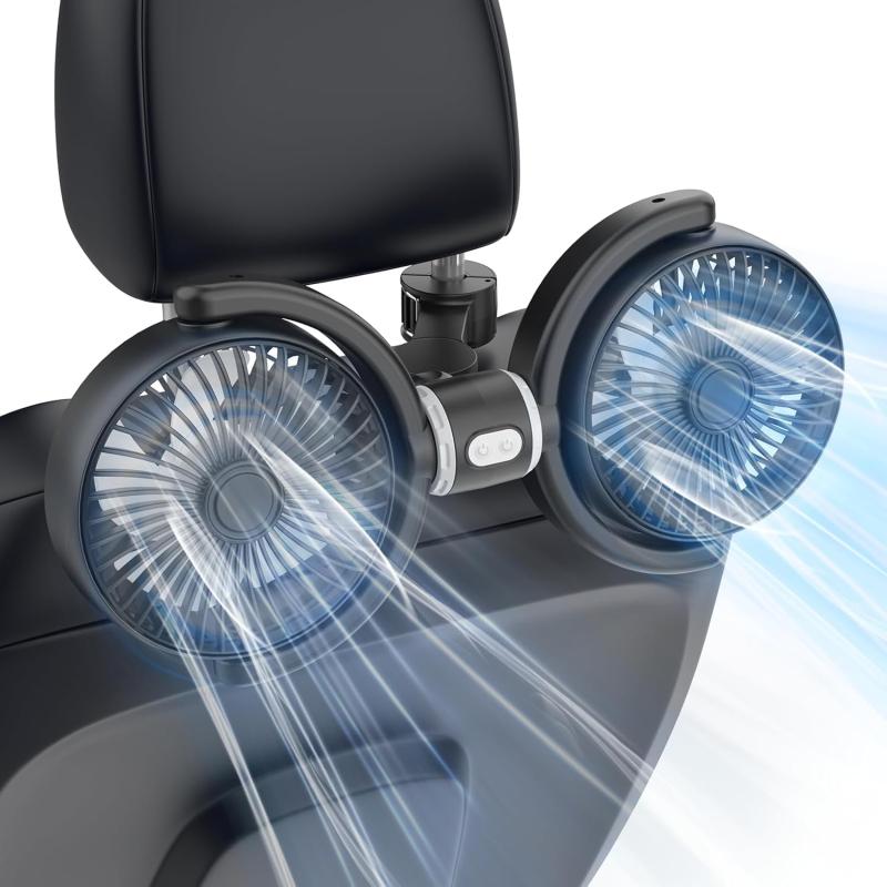 Ubaiful 車載扇風機 双頭車載ファン 2つの独立スイッチ 後部座席に送風 低騒音 3段階風量調節 360°回転可能 車用扇風機 ヘッドレスト取付 夏対策/車中泊対策 空気循環 蒸れ解消 USB給電 配線延