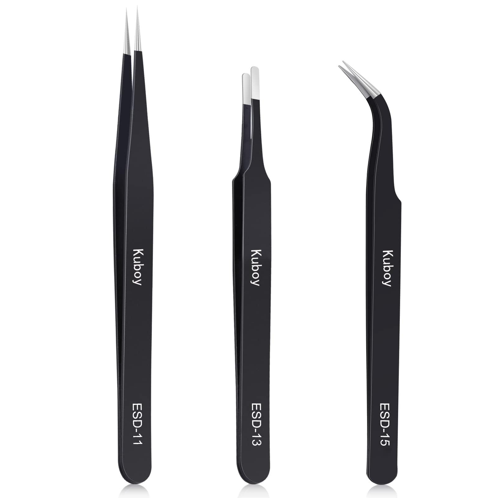 ・内容:ESD-11、ESD-13、ESD-15 ・長さ:12-14cm ・重さ:50g ・ピンセット[ESD-11]:直型、140mm (5.5in) ・ピンセット[ESD-13]:直型、刃先丸い型、120mm (4.7in) ・ピンセット[ESD-15]:先曲タイプ、124mm (4.88in) ・機能:静電対策(ESDコート) ・素材:ステンレス製(耐酸、耐腐性)