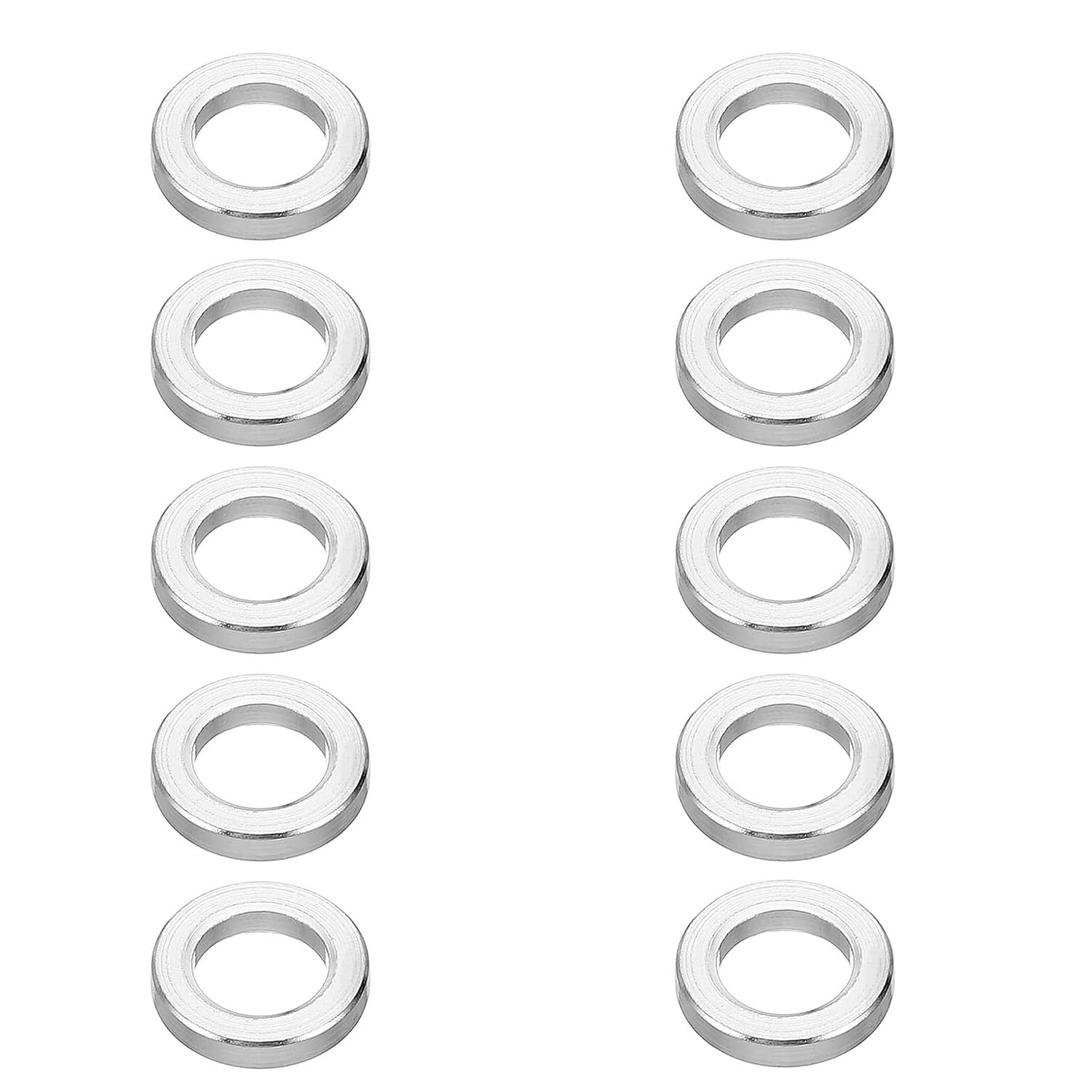 ・サイズ:内径6.2mm×外径10mm×厚さ2mm ・素材:アルミ、ステンレススチール ・形状:丸型 ・入り数:10個 ・カラー:シルバー