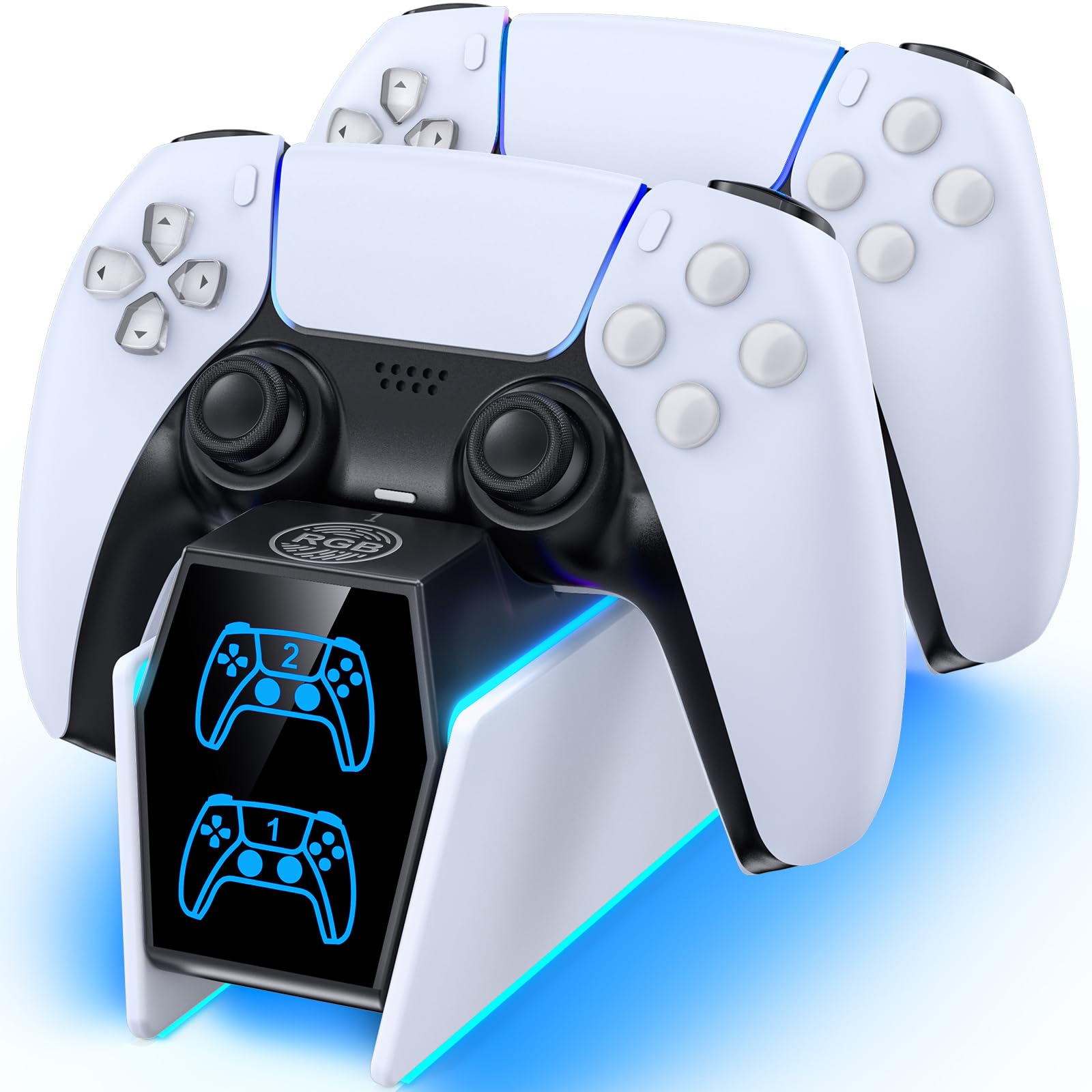 コントローラー充電スタンド PS5用 2台同時充電可能 RGBライト搭載 LEDインジケーター付き コンパクト設計 過充電保護機能 ワイヤレスコントローラー用 スタンド 周辺機器 ゲームアクセサリ