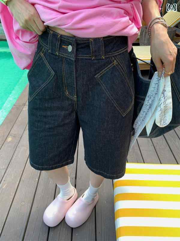 ショートパンツ レディース デニム ワイドパンツ ストレート 薄手 ハイウエスト ゆ...