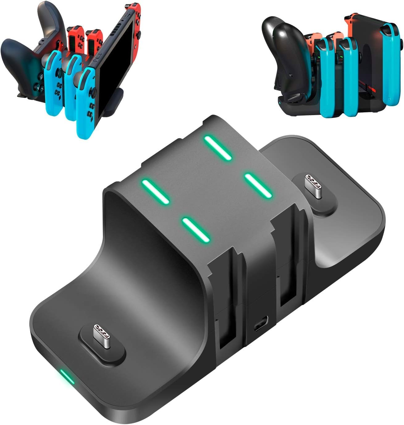 ・対応デバイス:Joy-Conコントローラー、Switch本体、Proコントローラー ・充電容量:最大6台同時充電(Joy-Con4台、Switch本体1台、Proコントローラー1台) ・LEDインジケーター:充電中(赤色)、充電完了(青色) ・最大出力・入力:5V/2A ・定格入力:10W以上のアダプターが必要