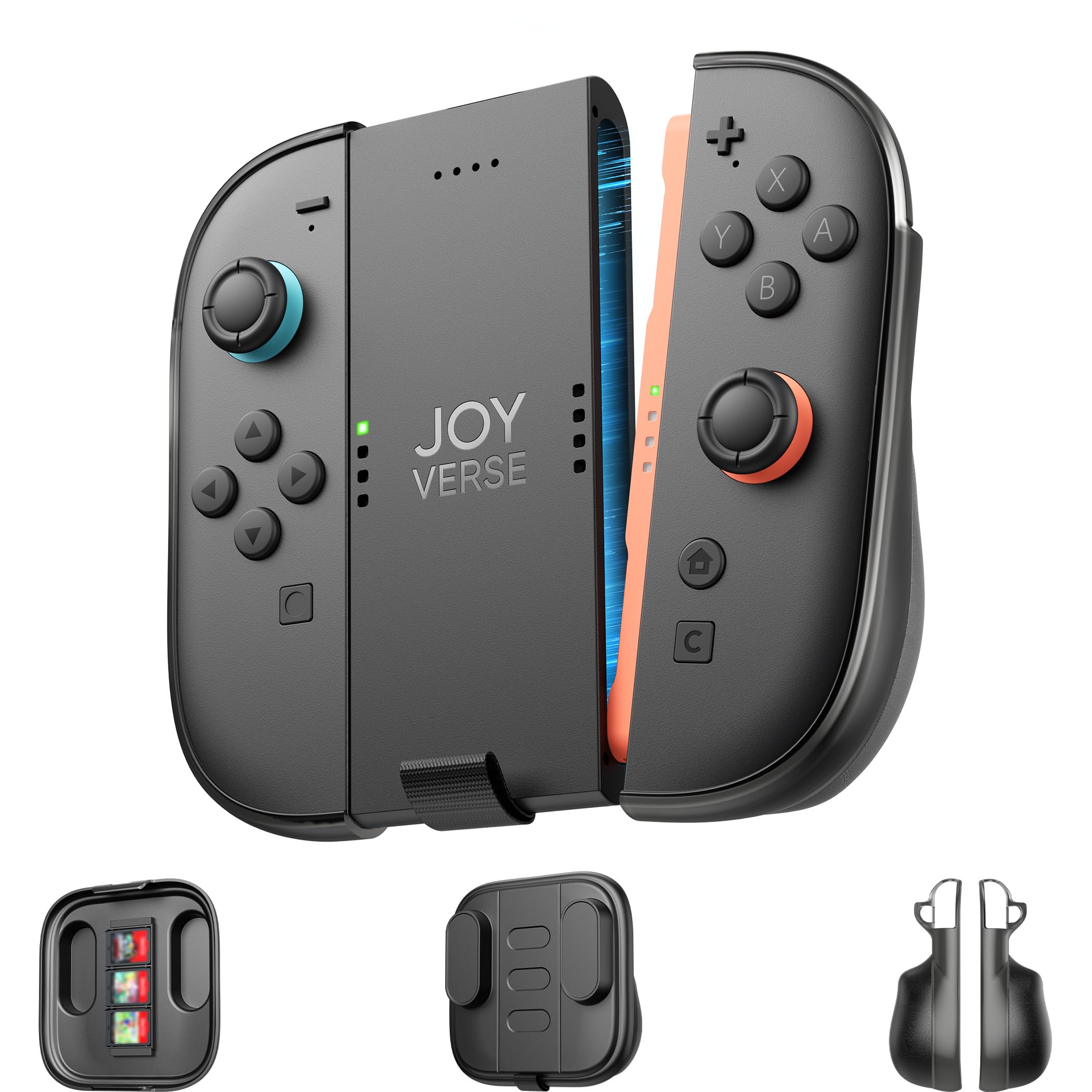 ・対応機種:Switch 2 ・形状:V字型 ・固定方式:マグネット式 ・機能:充電指示LED付 ・セット内容:充電グリップ本体×1、JoyCon 2用保護ケース×2、1.5m USB-C充電ケーブル×1