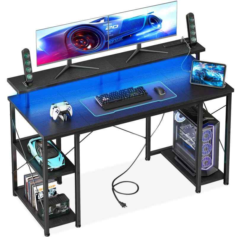 AODK ゲーミングデスク パソコンデスク コンセント&LED付き 机 pcデスク 幅140/160cm 両側ラック&モニター台付き 勉強机 ゲームデスク computer desk ワークデスク オフィスデスク 長机 左右入