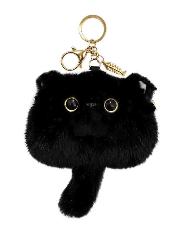 Rakuten - [HUIJUFU] かわいい猫のぬいぐるみ小銭入れキーホルダー女性の誕生日プレゼント（黒色）