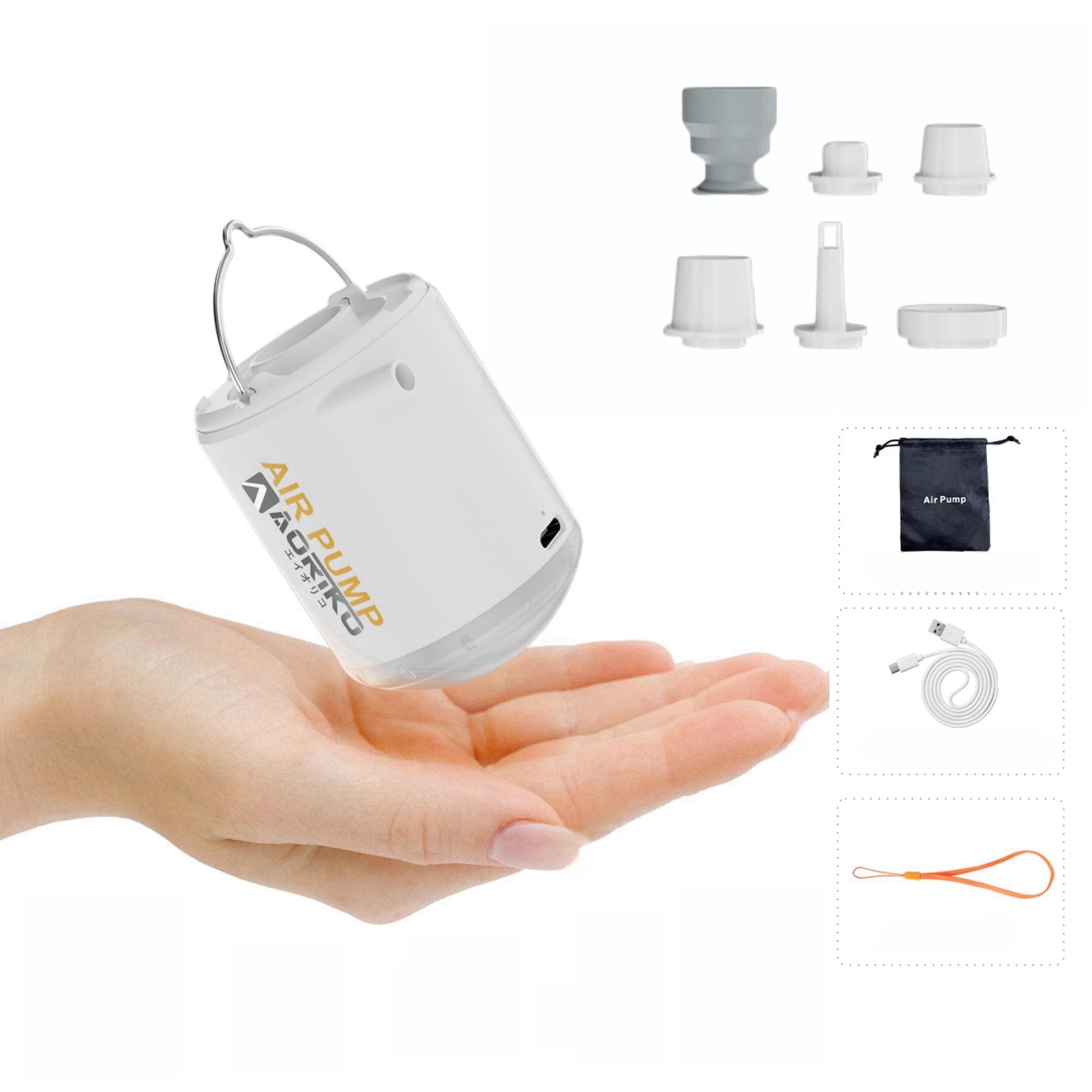 ・重量:96グラム ・風密度:200L/分 ・バッテリー容量:2000mAh ・ノズル数:6種類 ・照明輝度:120lm/400lm ・充電方式:USB充電式 ・機能:空気入れ、空気抜き、LED照明