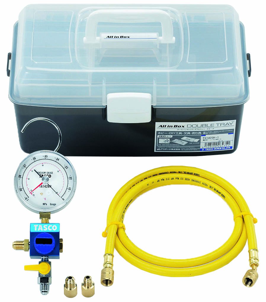 ・真空計:80φ(設置針付) ・真空計測定範囲:0~-0.1MPa (0~-760mmHg) ・ボディ:1/4フレアオス×1/4フレアオス(VACバルブ付) ・チャージホース:1/4フレア 150cm×1 ・アダプタ:5/16フレア(R410A用)、M10P1.5(R134a用)各1付