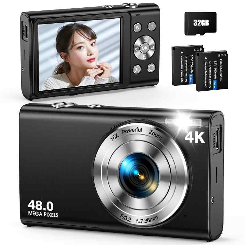 デジタルカメラ 4K デジカメ Anteam AFオートフォーカス 4800万画素 32GBカード付き コンデジ 16倍デジタルズーム バッテリー2個付 手ぶれ補正 自撮り コンパクトカメラ 2.88インチIPSスクリーン 軽
