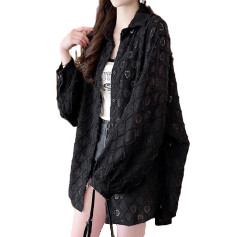 [CCGGOWMM] UVカット レディース カーディガン レース シャツ ブラウス シアー 冷房対策 日焼け止め服 ラッシュガード 羽織り 透け感 薄手 ゆったり 前開き カジュアル 可愛い 長袖 春 夏(4)