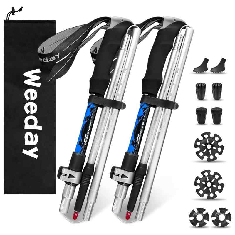 Weeday トレッキングポール 5 段折りたたみ式登山杖 100-130cm調整可能 2 本セット【収納 32cm 超軽量 250g】5種類アクセサリー10 個付き 登山用ストック ウォーキングポール 日本語説明書 専用収納1