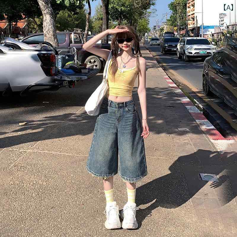 デニムパンツ レディース ストレート ワイドパンツ ハイウエスト 七分丈 レトロ ヴ...