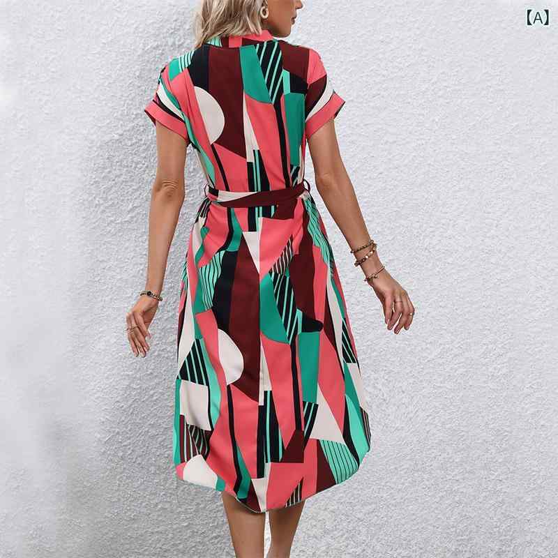 Dresses - ワンピース レディース ドレス 色彩ブロック ウエストリボン 半袖 ミディ丈 体型カバー 涼しい サマーリゾート 休日のお出かけ 旅行用 大人かわいい 楽ちん